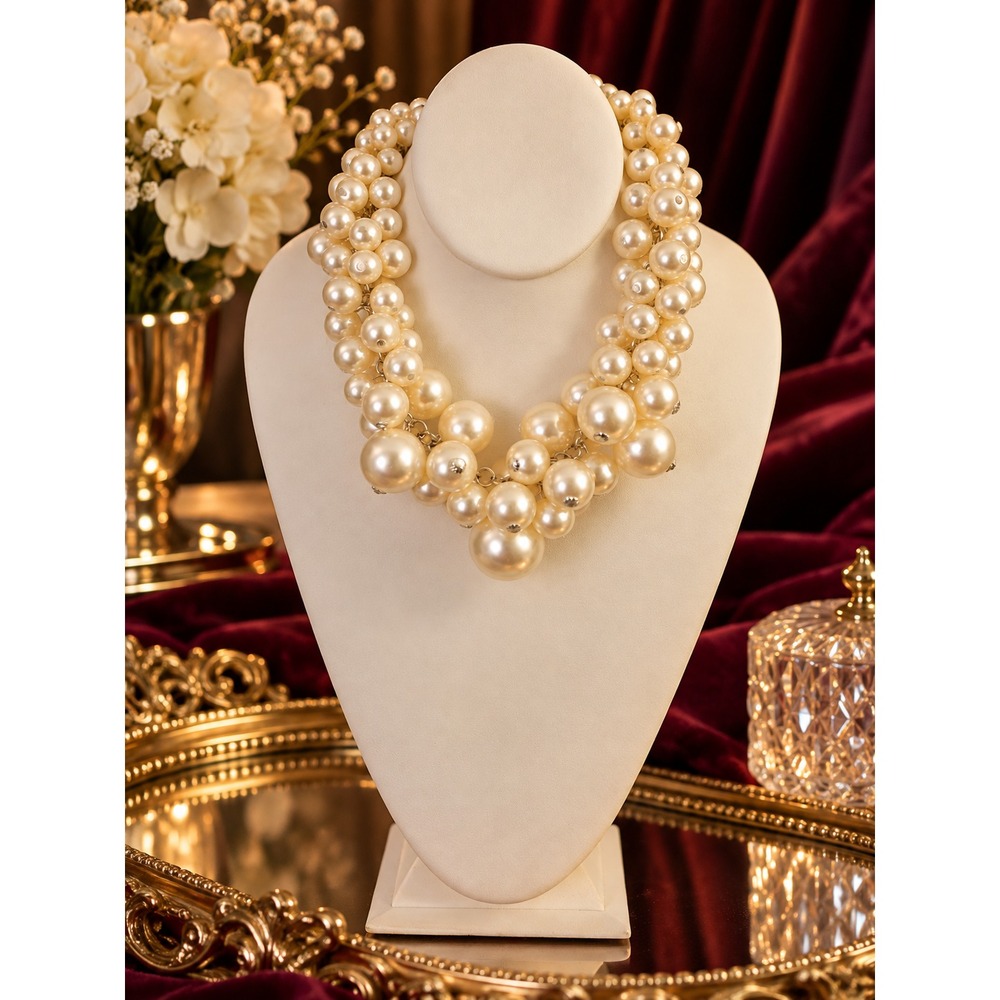 Chunky Faux Pearl Statement Necklace Cream Multi Strand Cluster Bib